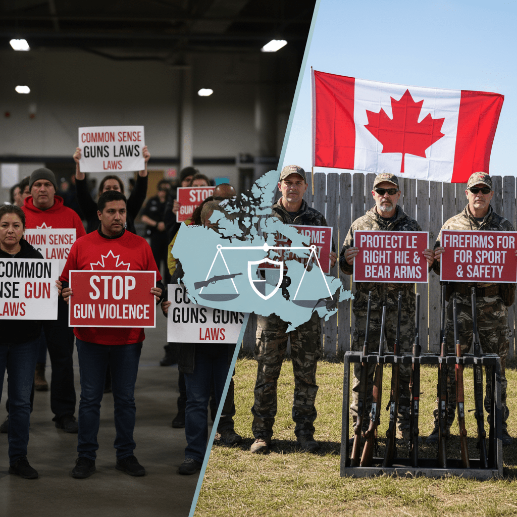 Group protesting for stricter gun laws and group promoting firearm rights with Canadian flag
