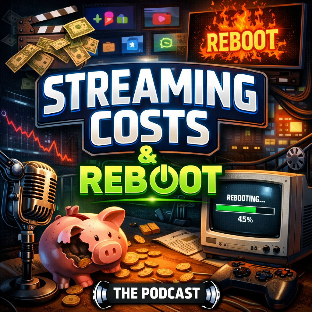 Podcast cover with title streaming costs and reboot, piggy bank, microphone, retro TV, and game controller