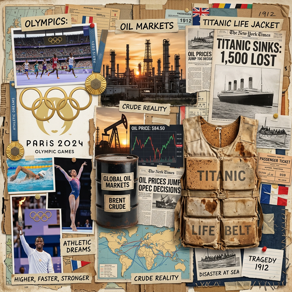 Collage combining images of the Paris 2024 Olympics, oil refinery and barrel, Titanic life jacket and newspaper headlines about the Titanic sinking