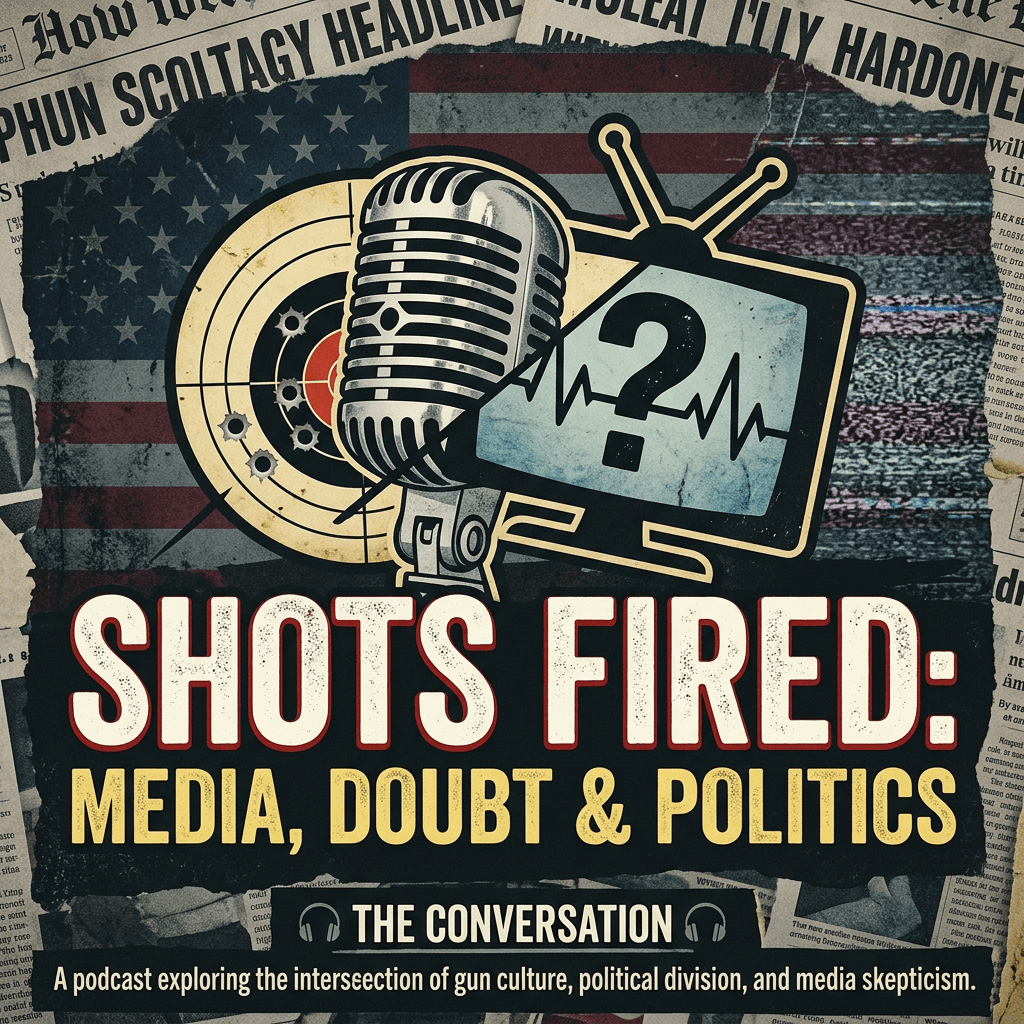 Logo for podcast Shots Fired: Media, Doubt & Politics with microphone, target, and TV icons