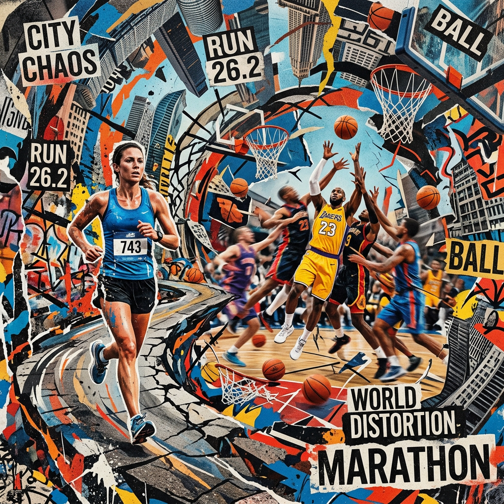 Marathon runner and basketball players in a colorful, distorted cityscape with text 'City Chaos', 'Run 26.2', 'Ball', and 'World Distortion Marathon'