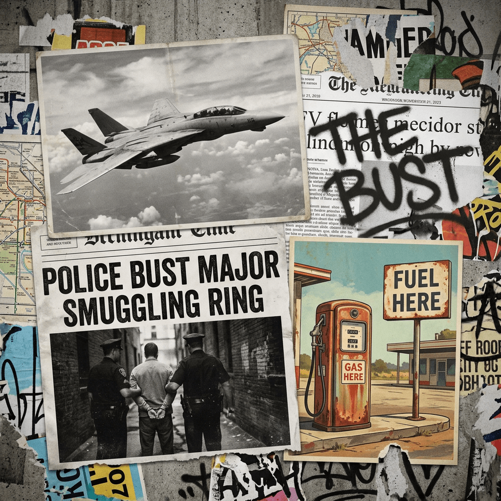 Collage including police arrest image with headline, military jet photo, and vintage gas station illustration.
