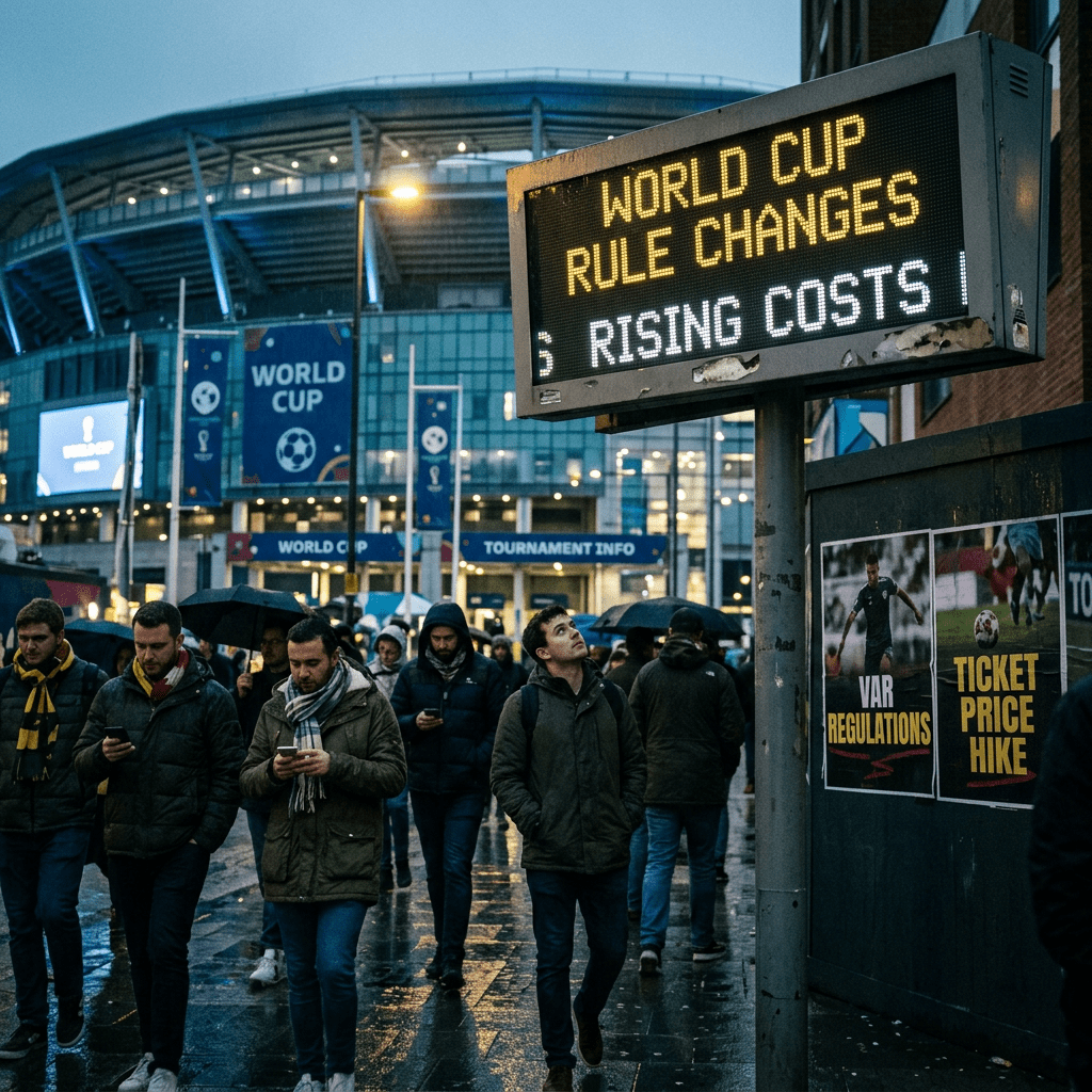 Crowd of people near stadium with electronic sign reading World Cup rule changes and posters about ticket price hike