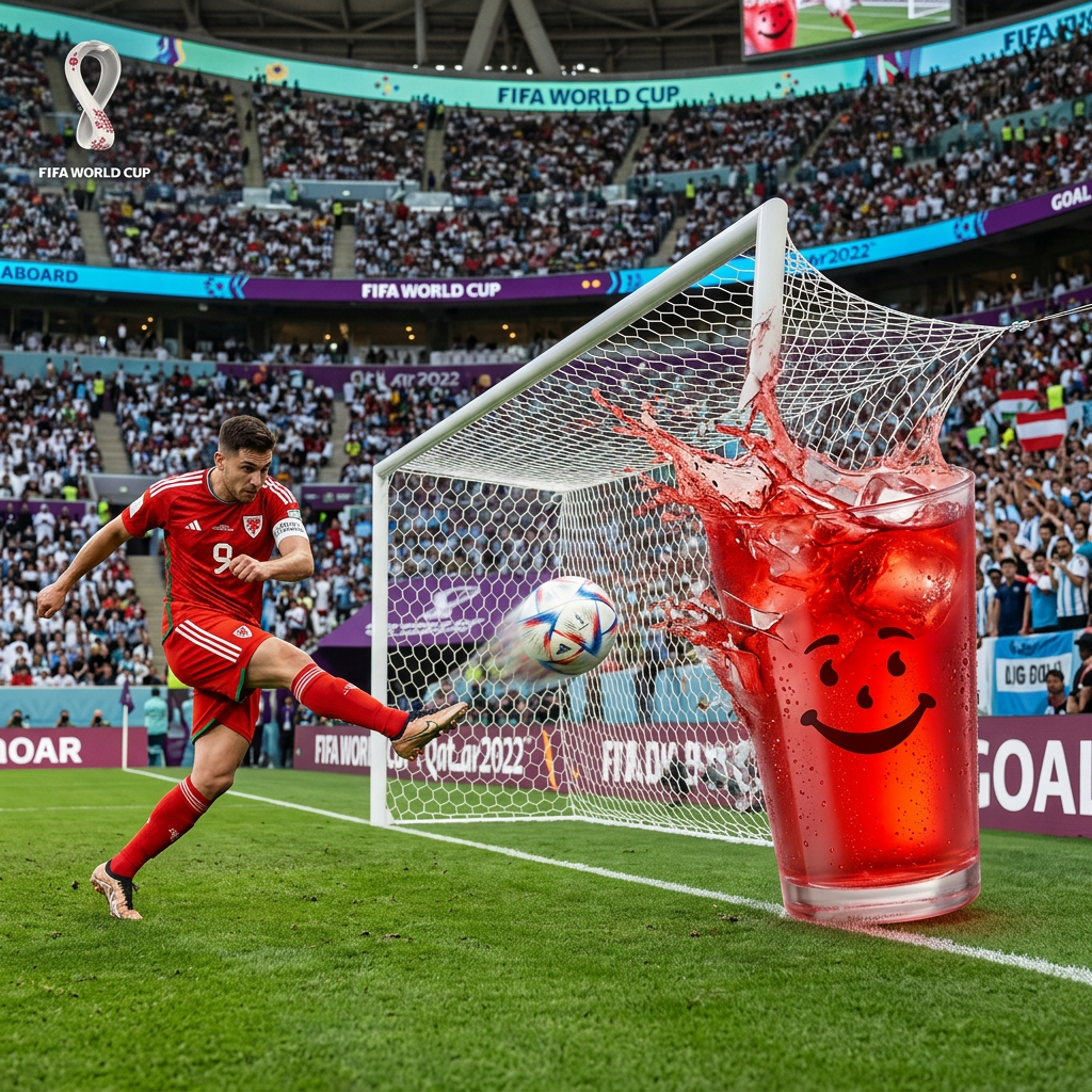 Soccer player kicking ball into goal with Kool-Aid glass splashing in net