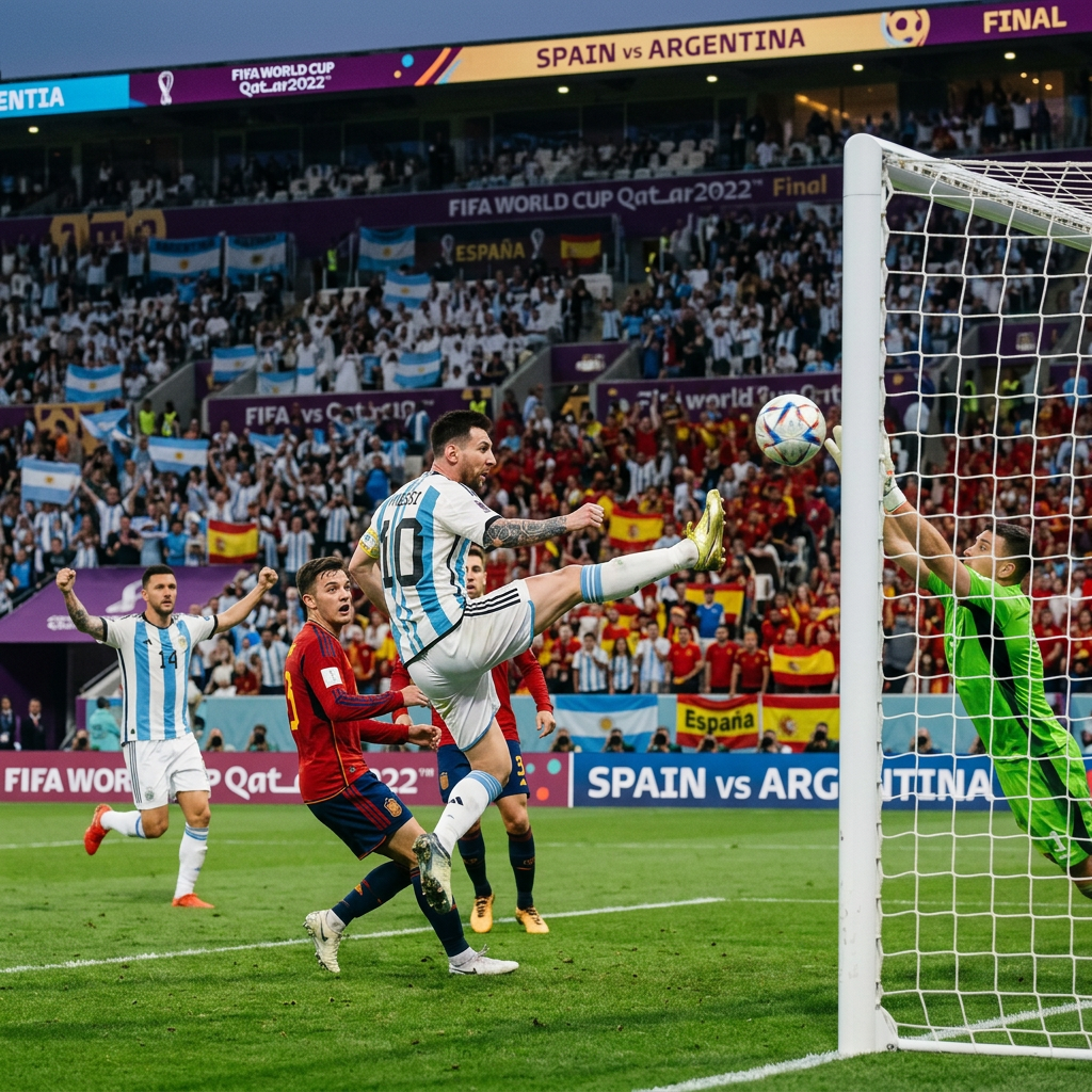 Soccer player kicking ball toward goal with goalkeeper diving to save and crowd cheering