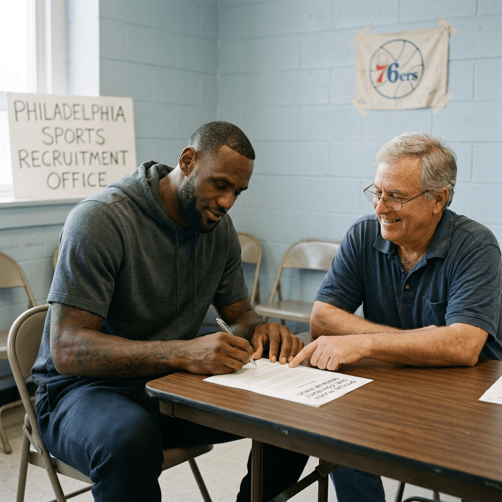 Athlete signing document with recruitment officer in a sports recruitment office