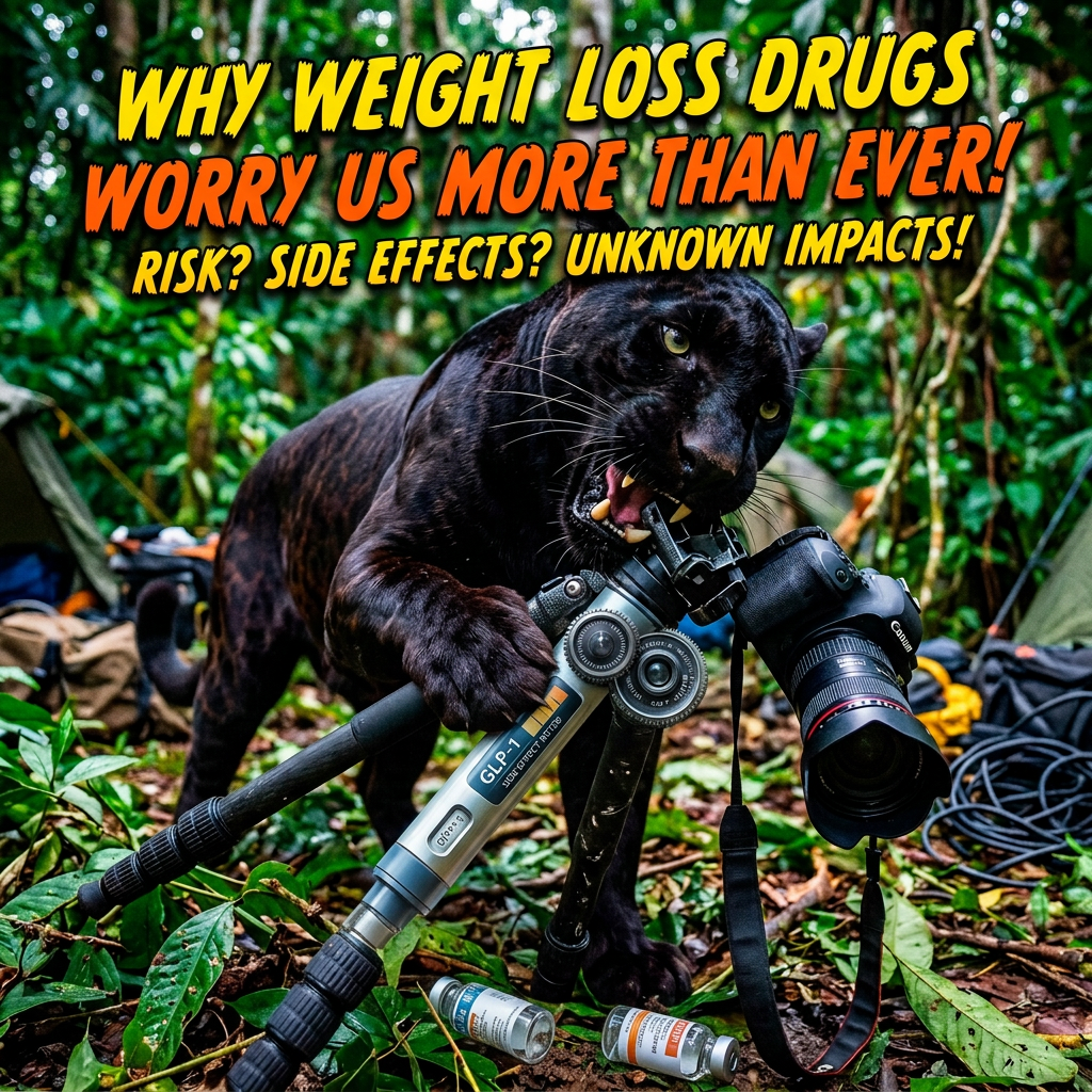 Black panther biting a camera tripod beside photography equipment in a jungle