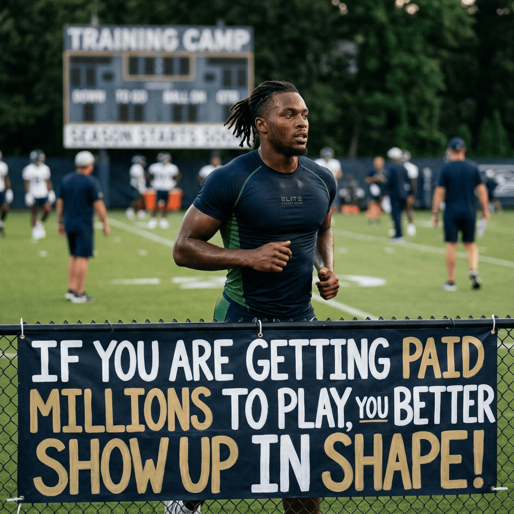 Football player training beneath banner reading: IF YOU ARE GETTING PAID MILLIONS TO PLAY, YOU BETTER SHOW UP IN SHAPE!