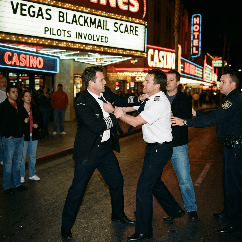 Officers restrain a pilot outside a Las Vegas casino beneath a blackmail headline