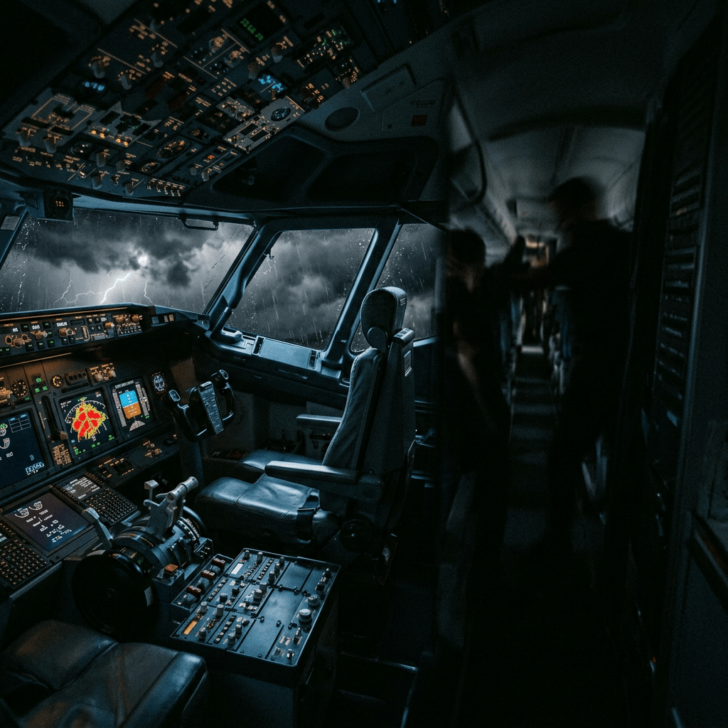 Airliner cockpit with illuminated controls, rain, and lightning outside